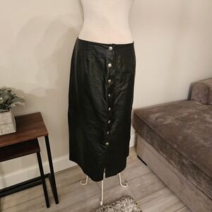 Styleworks 100% Black Leather Button Up Midi-skirt